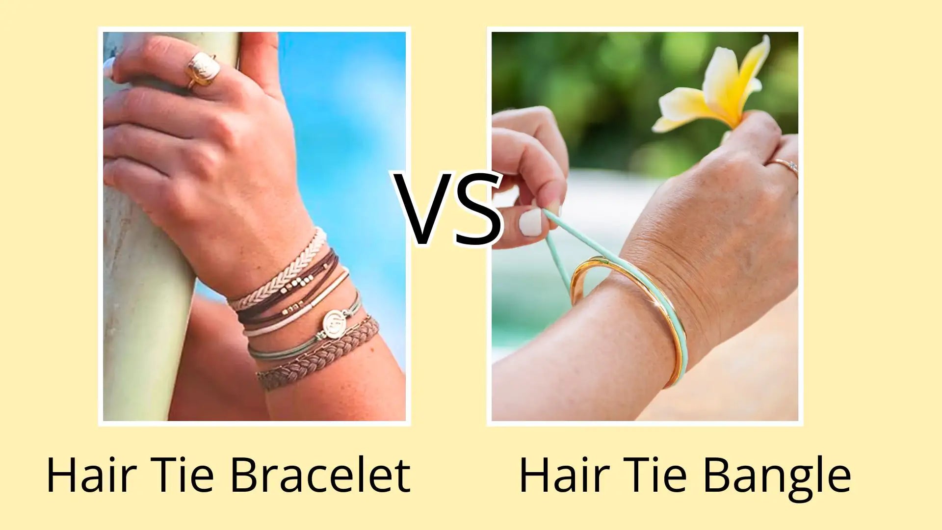 Hair tie bracelet: a decorative elastic hair tie on a wrist next to a polished Gypsea Loop hair tie bangle showing the two styles side by side.