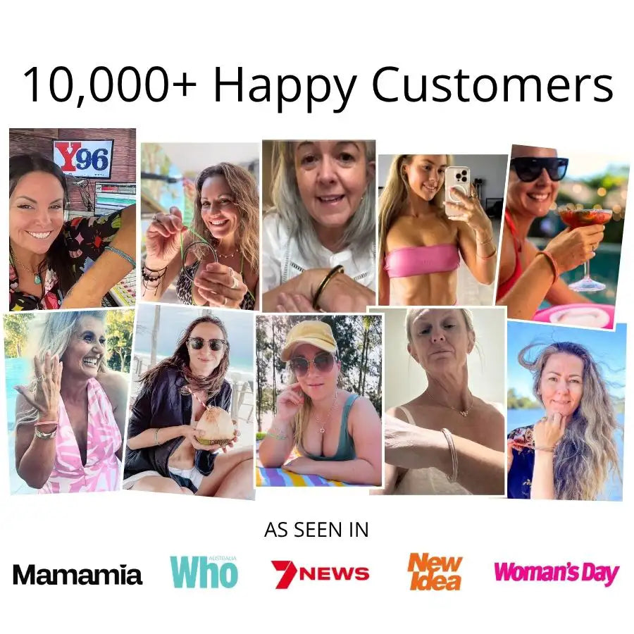 Collage of happy hair tie bangle customers with text '10000+ Happy Customers' and media outlets logos below