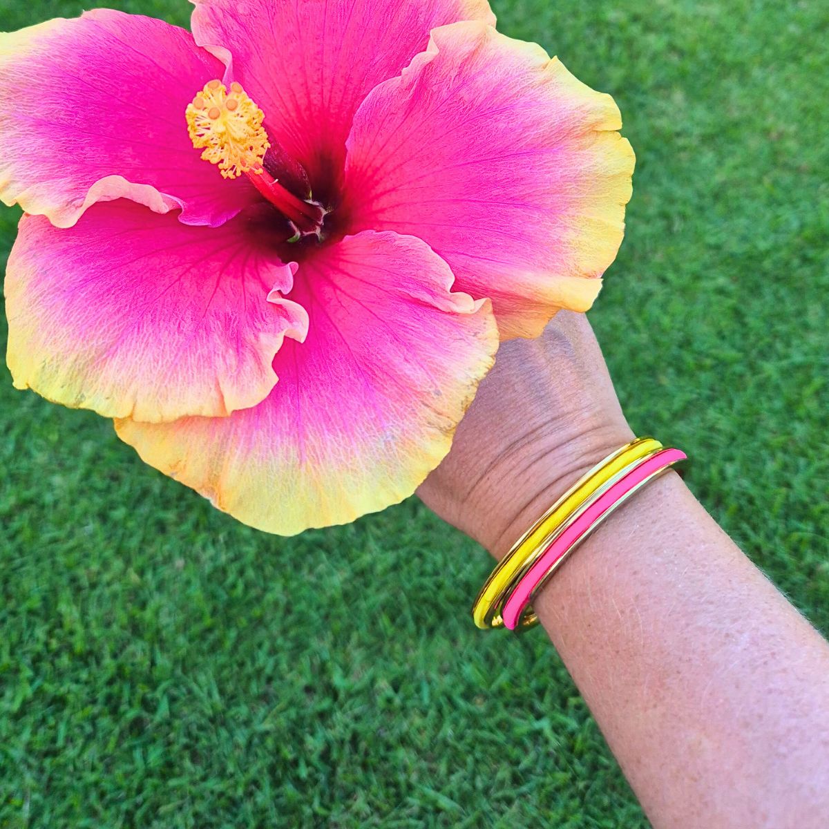 Gypsea Loop bangle with colourful hair ties tropical flower