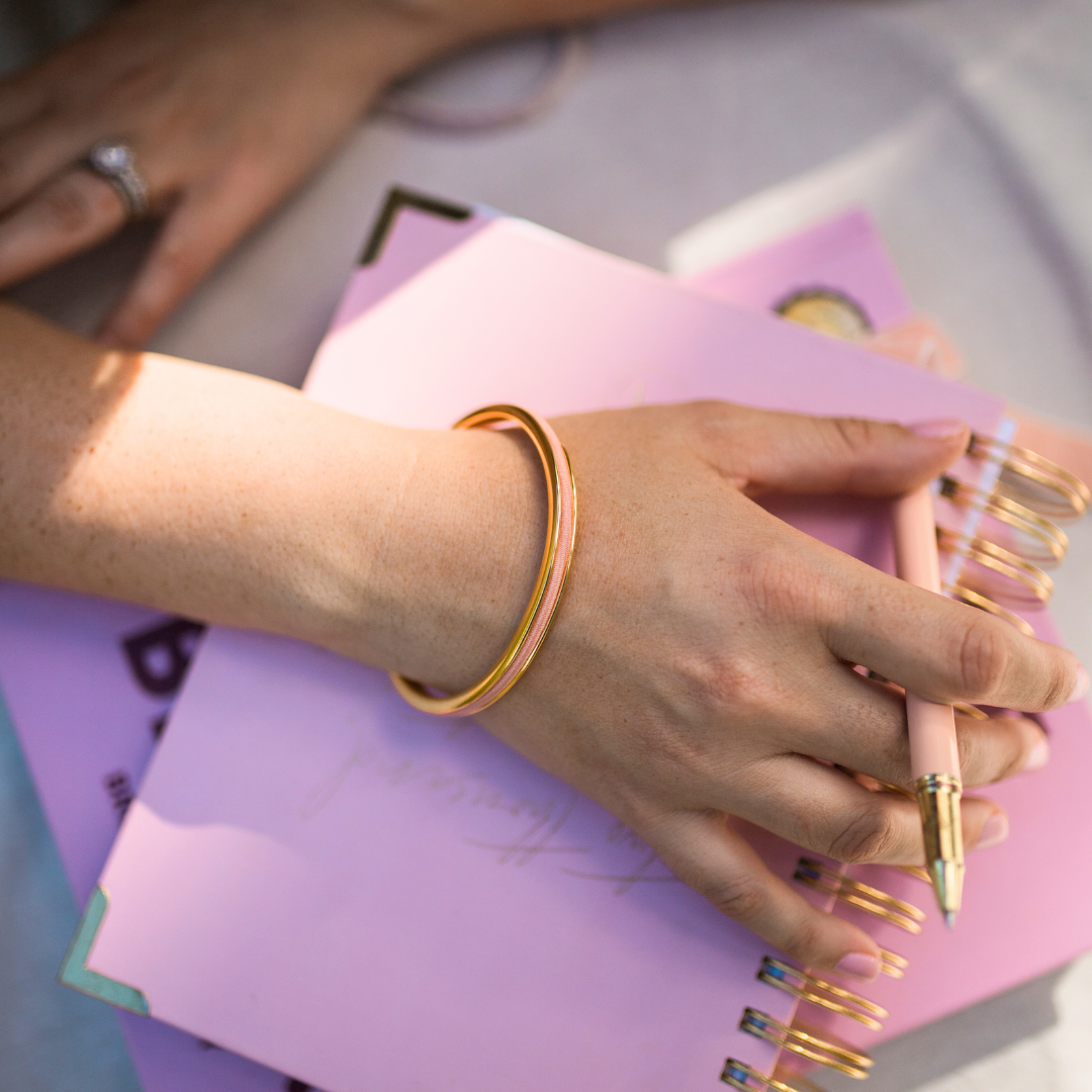 Pink tie in a gypsea loop hair tie bangle, gold